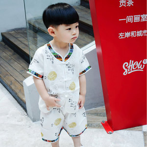 中国风小孩古装 宝宝生日礼服 1-2-3岁儿童唐装男童棉麻短袖夏装