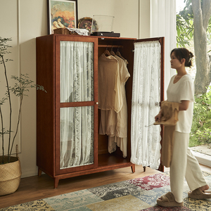 法式实木衣柜复古柜卧室家用挂衣大容量柜衣橱双开门纱帘玻璃柜子
