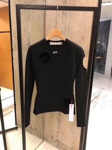 正品潮牌off white OW22S破洞黑色长袖圆领t恤女针织打底衫显瘦