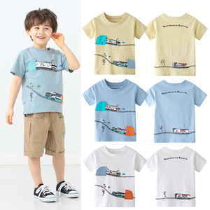 日系男童夏季纯棉短袖T恤儿童中小童卡通火车半袖衫上衣外贸童装