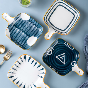 日式创意带手柄烘焙盘陶瓷家用菜盘碟新款好看把手盘子早餐盘烤箱
