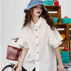 妖精的商场同款2024夏季彩色纽扣白衬衫女款设计感别致短袖上衣
