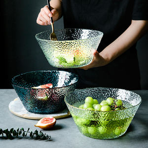 创意日式大号透明金边沙拉碗家用玻璃汤盆单个水果碗蔬菜碗大汤碗