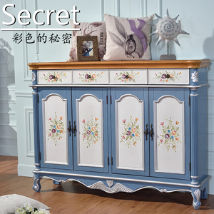 美式欧式家具复古浅蓝色白色棕色活动隔板多层鞋柜玄关餐边柜