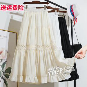 中式国风镂空蕾丝棉麻半身裙女夏2024新款小个子蛋糕白色裙子半裙