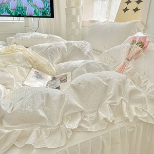 韩版淑女公主风60s华夫格四件套全棉流苏球球被套床单床上用品