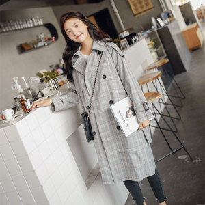 风衣外套女学生韩版中长款2020秋季新款宽松显瘦英伦风格子大衣女