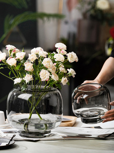 简约轻奢宽口矮花瓶摆件客厅插花透明圆形大口水培高级感鲜花器皿