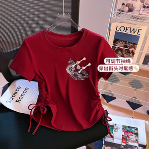 新中式国风刺绣盘扣T恤女装夏季设计感抽绳收腰显瘦红色短袖上衣