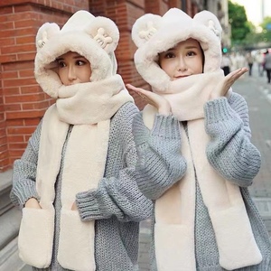 帽子围巾手套三件套一体女孩冬季可爱熊儿童保暖连体围脖防风加厚