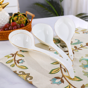 陶瓷汤勺长柄骨瓷家用大号汤勺厨具餐具勺粥勺创意勺纯白色描金勺