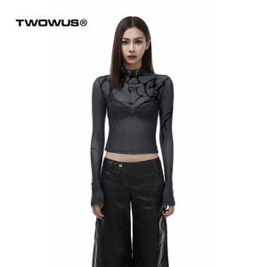 TWOWUS 原创新款荆棘主题印花网纱长袖弹力设计感小众紧身打底T恤