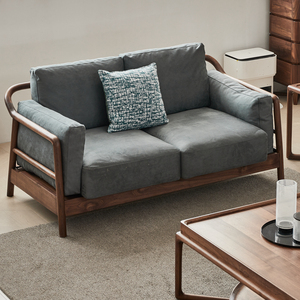 北美黑胡桃木沙发小户型北欧客厅小方块蓝色麂皮绒布艺实木沙发