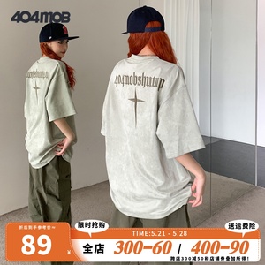 404MOB短袖t恤男夏新款美式复古刺绣重磅潮牌宽松麂皮绒半袖体恤