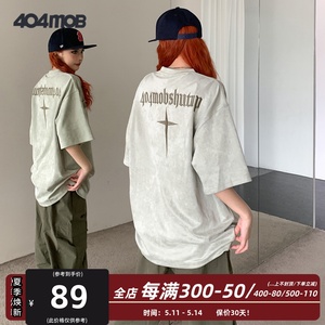404MOB短袖t恤男夏新款美式复古刺绣重磅潮牌宽松麂皮绒半袖体恤