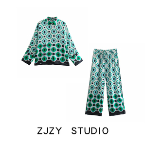 ZR 欧美风 ZA女装 新款几何图形印花睡衣衬衫长裤套装03083182330