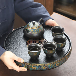 祥业乌金石茶盘家用陶瓷日式储水茶托盘干泡台茶具茶海圆形小茶台