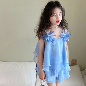 SWEETIE 女童套装中国风梦幻蓝色立体大花朵吊带娃娃衫裙裤两件套