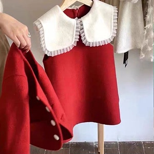 女童冬季马甲毛呢红色呢子背心裙秋冬款两件套新年无袖儿童连衣裙