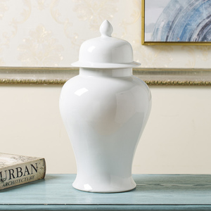 景德镇陶瓷将军罐花瓶摆件白色大号新中式客厅干花插花陶罐装饰品