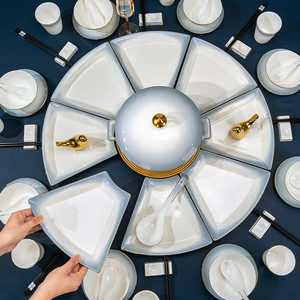 轻奢团圆拼盘餐具组合釉中彩圆桌扇形盘骨瓷异形碗碟套装2024新款