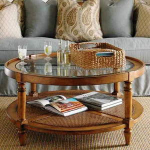 美式实木圆型玻璃茶几小户型客厅咖啡桌藤编阳台小茶台法式简约