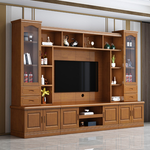 现代中式实木电视柜背景柜一体组合墙柜高款多功能客厅整体小户型