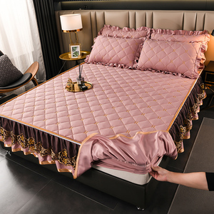 床笠2022年春季新款纯色花边床裙式床套席梦思床罩绗缝床垫保护套