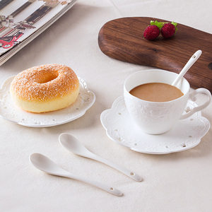 景德镇欧式纯白色咖啡杯骨瓷浮雕奶茶杯子陶瓷下午茶咖啡杯碟勺