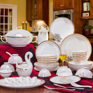 碗碟套装 家用景德镇60头骨瓷餐具套装简约中式组合碗盘欧式金边