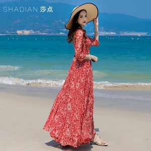 红色新中式国风旗袍连衣裙长款女2024新款雪纺长裙大摆海边沙滩裙