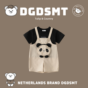 荷兰DGDSMT童装2024夏季新款男童套装可爱熊猫短袖背带裤两件套