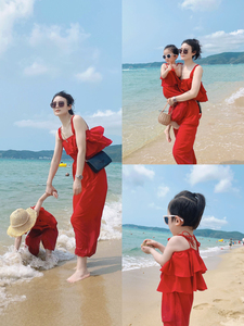 Next Coco海边度假亲子装母女套装荷叶边红色连体裤女童洋气时髦