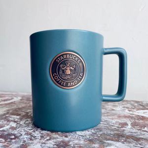 珍藏限量款星巴克starbucks复古风青蓝色铜徽章陶瓷咖啡马克杯子