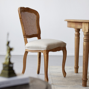 美式乡村欧式餐椅北欧复古实木雕刻藤面餐厅书房软包扶手真皮橡木