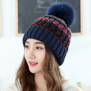 帽子女冬天休闲韩版潮时尚毛球条纹保暖针织帽冬季加绒护耳毛线帽