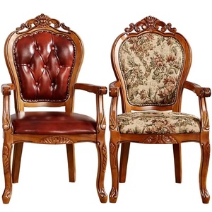 欧式真皮餐椅实木椅子新古典酒店美式扶手椅皮椅子会议书房咖啡椅