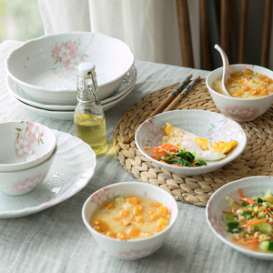 美浓烧日本进口樱花陶瓷釉下彩餐具米饭碗家用日式菜盘子蒸鱼汤盘