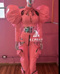 舞美服装设计 夜店运动巡游颗粒gogo女演出服粉色漆皮演出服套装