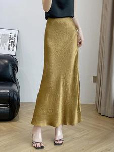 金色醋酸缎面高级感拖地长裙女夏季新款垂坠感高腰包臀鱼尾半身裙