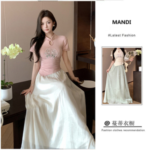 新中式国风复古半身裙女夏设计感显瘦仙女拖地长裙纱裙气质两件套