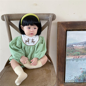 韩版春秋婴儿女宝宝刺绣小鹿绿格子长袖包屁哈衣女童连体外出爬服