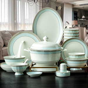 美式碗碟套装 家用轻奢欧式景德镇陶瓷碗盘高档简约骨瓷餐具组合