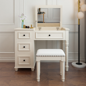 美式实木翻盖梳妆台卧室现代简约白色化妆桌收纳柜一体小户型家具