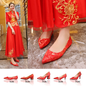 秀禾红鞋婚鞋女红色中式粗跟结婚鞋尖头高跟新娘鞋孕妇平底婚纱鞋