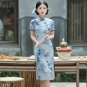复古老上海旗袍中长款过膝短袖清雅荷花修身显瘦洋气妈妈装日常穿