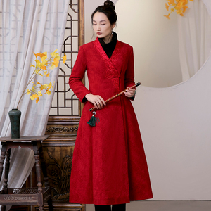 中国风喜庆红色复古长款外套民族风冬季加厚棉服国潮设计感女693