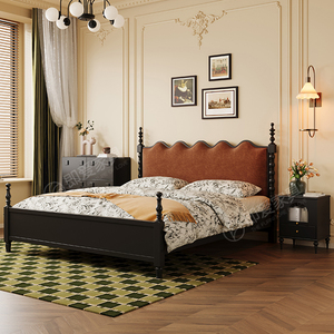 中古风实木床 主卧双人1.8米大床黑色法式复古风小户型储物软包床