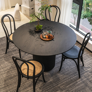 美则黑色圆形餐桌实木意式现代家用网红客厅白蜡木圆桌6人吃饭桌