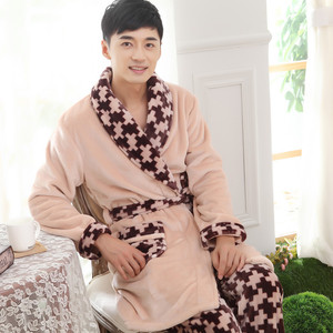 男士睡衣加厚加绒中长款个性小码修身青年学生韩版睡袍加长款冬季